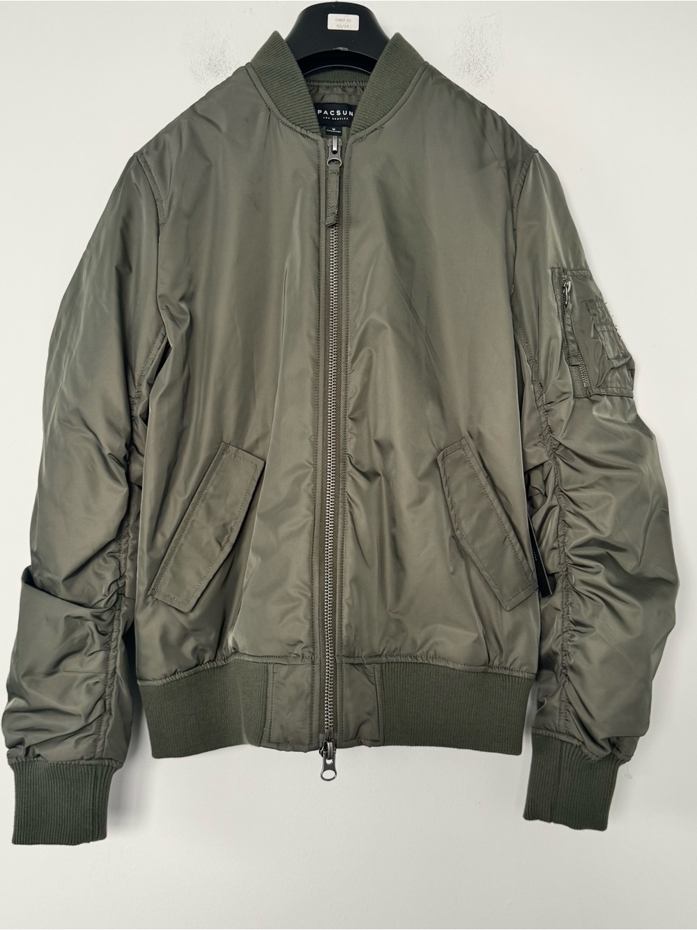 NWT PacSun Bomber Jacket Mens M Olive Green Ruched Sleeve Streetwear Flight